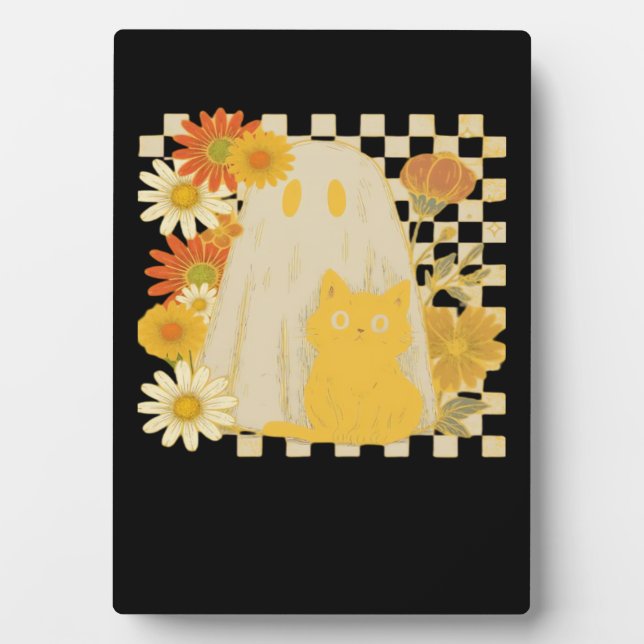 Boho Floral Fall Ghost and Black Cat Halloween Fal Fotoplatte (Vorderseite)