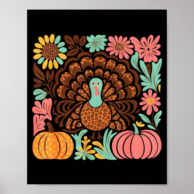 Boho Floral Fall Turkey Pumpkin Thanksgiving Girl  Poster (Vorne)