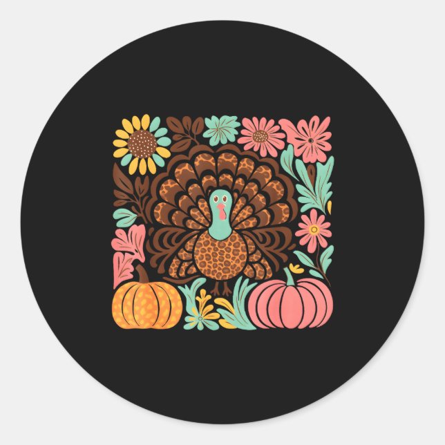 Boho Floral Fall Turkey Pumpkin Thanksgiving Girl  Runder Aufkleber (Vorderseite)