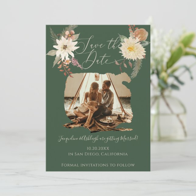 BOHO Floral Fall Wasserfarbenwald Grünes Foto Save The Date (Stehend Vorderseite)
