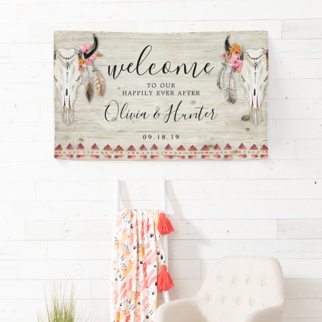 Boho Floral Feather Antler Skull Hochzeit Begrüßun Banner (Insitu)