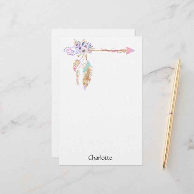 Boho Floral Feather Arrow Name Schreibpapier Briefpapier (Vorderseite/Rückseite Beispiel)