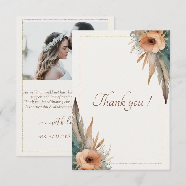 Boho Floral Feather Dreamcatcher Wedding Dankeskarte (Vorne/Hinten)