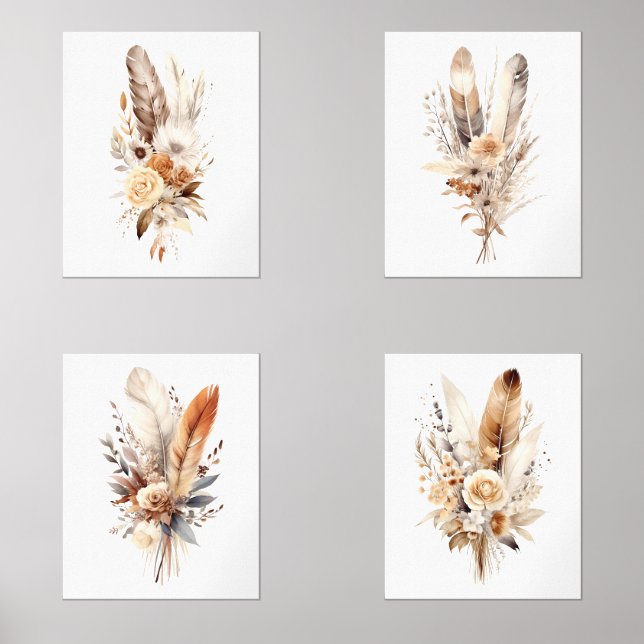 Boho Floral Feathers Beige Brown Gray Wall Art Set (Vorderseite)