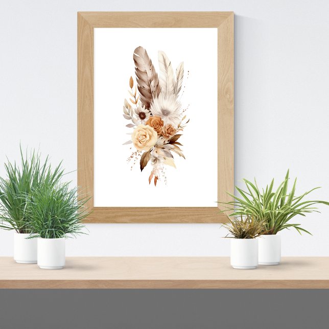 Boho Floral Feathers Botanische Wasserfarbenwelt K Poster (Boho Floral Feathers Botanicals Neutral Colors Wall Art poster. Gray Brown Beige Cream)