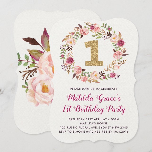 Boho Floral First Birthday Girl Party Einladung (Vorne/Hinten)