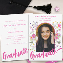 Boho Floral Foto Arch Pink Script Graduate Party