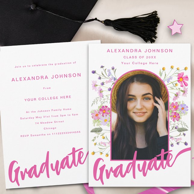 Boho Floral Foto Arch Pink Script Graduate Party Einladung (Boho chic wildflower graduate photo arch modern pink script graduation party invitation )