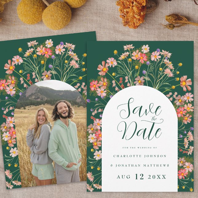 Boho Floral Foto Arch Wedding Save The Date (Boho fall Wildflower floral arch photo dark green Wedding save the date invitation )
