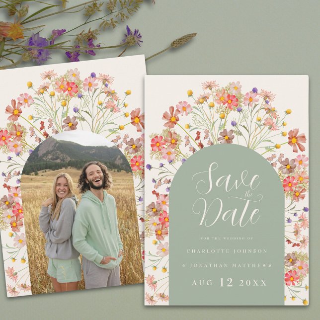 Boho Floral Foto Arch Wedding Save The Date (Boho wildflower floral arch sage green wedding save the date invitation Elegant script watercolor )