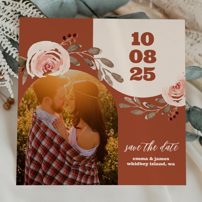 Boho Floral Foto Save the Date Karte Burnt Orange (Von Creator hochgeladen)