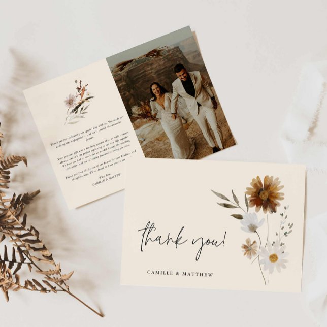 Boho Floral Foto Wedding Danke Karte (Elegant Boho Photo Wedding Thank you card)