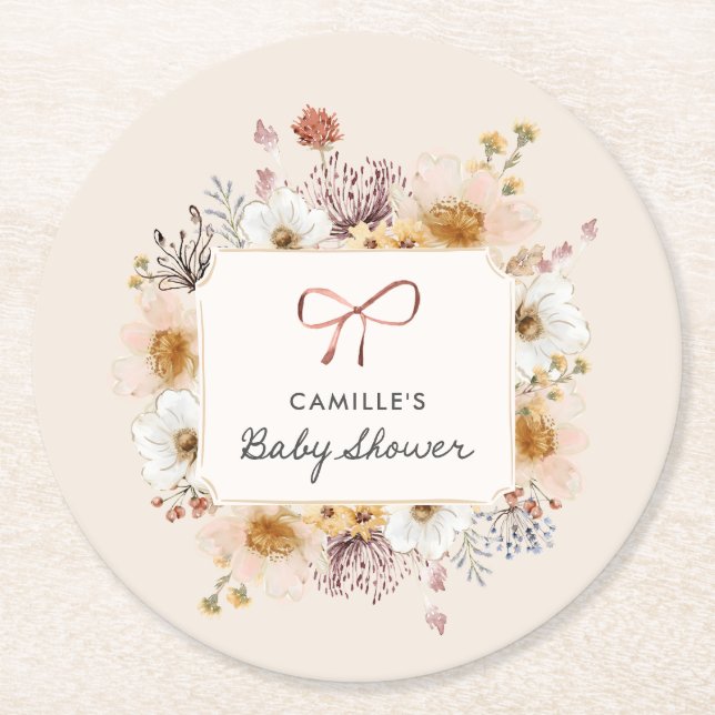 Boho Floral Girl Baby Shower Runder Pappuntersetzer (Vorderseite)