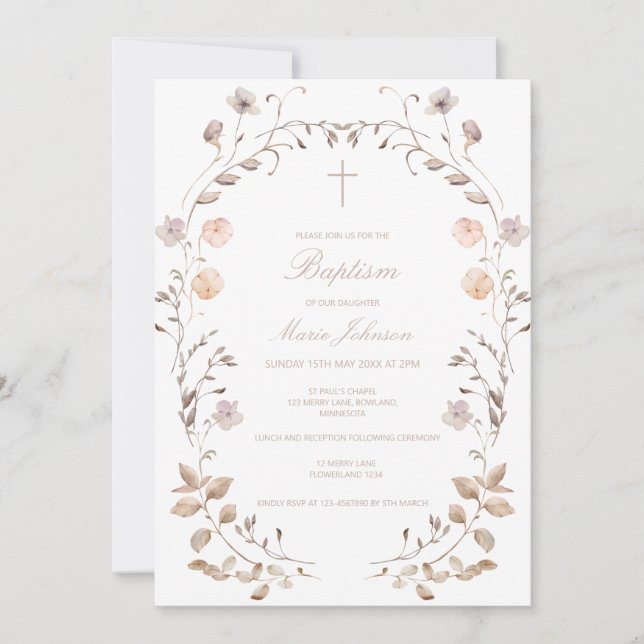 Boho floral girl Baptism invitation template Einladung (Vorderseite)