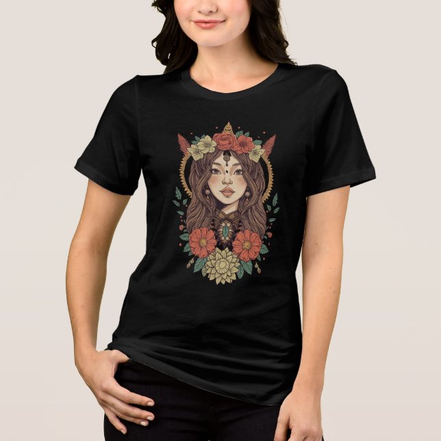 Boho Floral Girl Black T-Shirt Tri-Blend Shirt (Vorderseite)