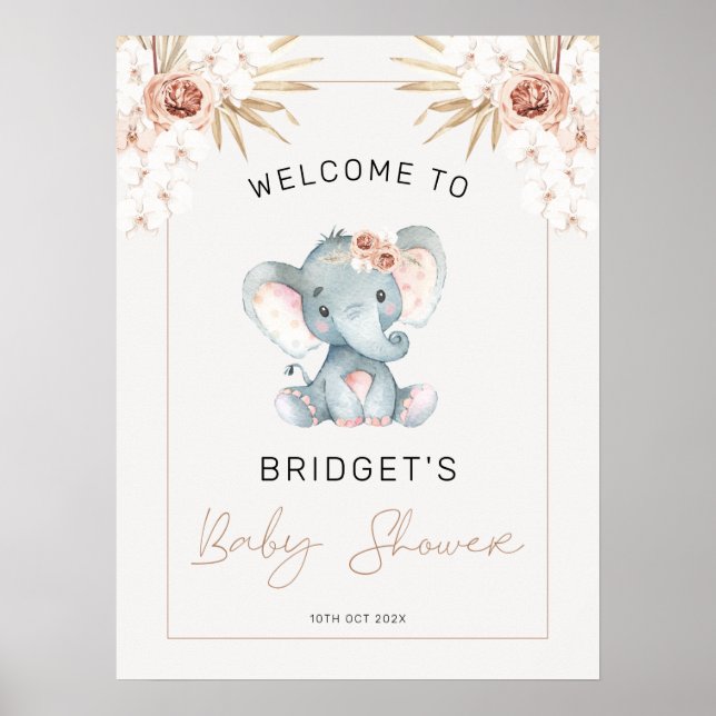 Boho Floral Girls Elephant Baby Dusche Willkommen Poster (Vorne)