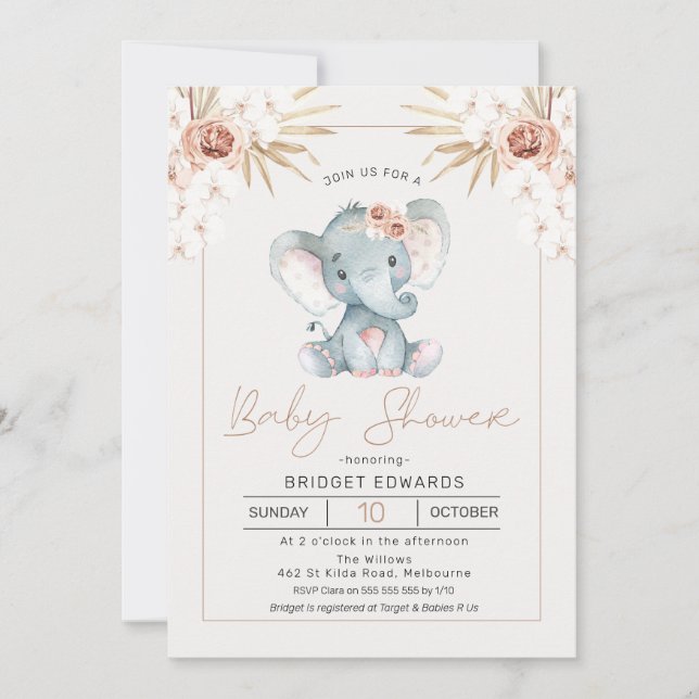 Boho Floral Girls Elephant Baby Shower Einladung (Vorderseite)