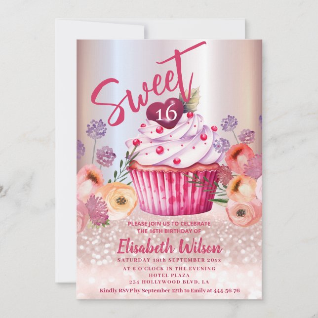 Boho floral Girly cupcake Rose Goldglitterie Einladung (Vorderseite)