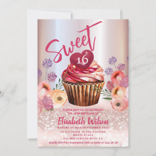 Boho floral Girly cupcake Rose Goldglitterie Einladung