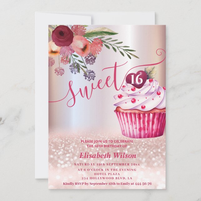 Boho floral Girly cupcake Rose Goldglitterie Einladung (Vorderseite)