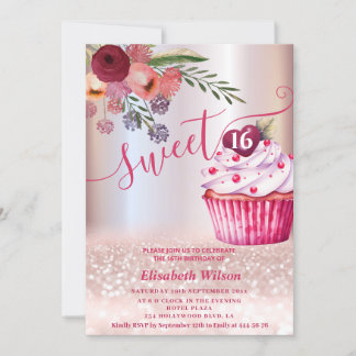 Boho floral Girly cupcake Rose Goldglitterie Einladung