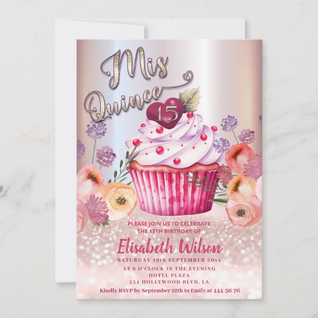 Boho floral Girly cupcake Rose Goldglitterie Einladung (Vorderseite)