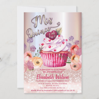 Boho floral Girly cupcake Rose Goldglitterie Einladung