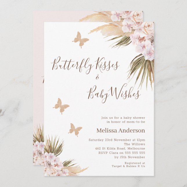 Boho Floral Glitzer Butterfly Kisses Baby Shower Einladung (Vorne/Hinten)