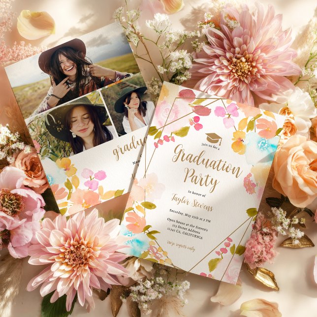 Boho Floral Gold Geometric Modern Photo Graduation Einladung (Boho Floral Gold Geometric Modern Photo Graduation Invitation)