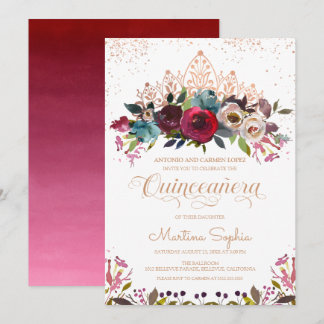 Boho Floral & Gold Tiara Quinceanera Einladung