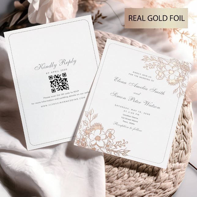 Boho Floral Gold Wedding Folieneinladung (Von Creator hochgeladen)
