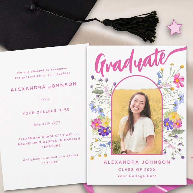 Boho Floral Graduate Foto Arch Pink Script Ankündigung (Wildflower graduate photo arch modern hot pink script graduation announcement card)