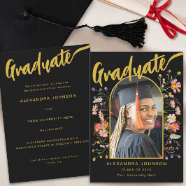 Boho Floral Graduate Foto Black and Gold Script Ankündigung