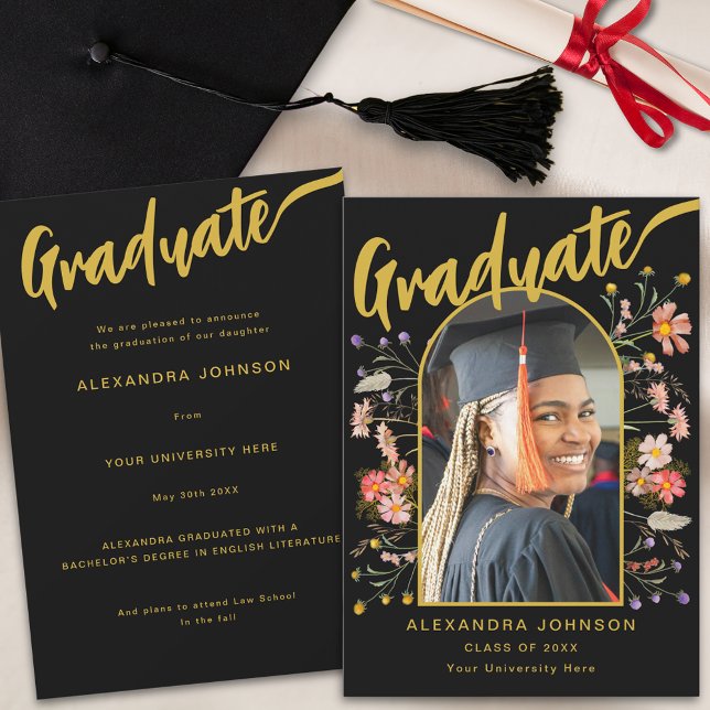 Boho Floral Graduate Foto Black and Gold Script Ankündigung (Boho floral arch graduate photo stylish gold script black Graduation announcement card)