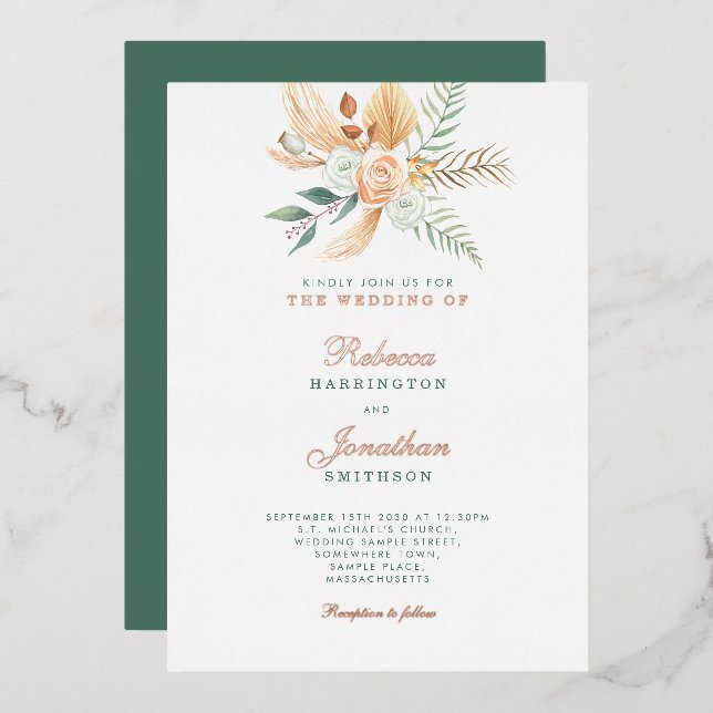 Boho Floral Green Gold Bronze Wedding Folieneinladung (Vorderseite/Rückseite)