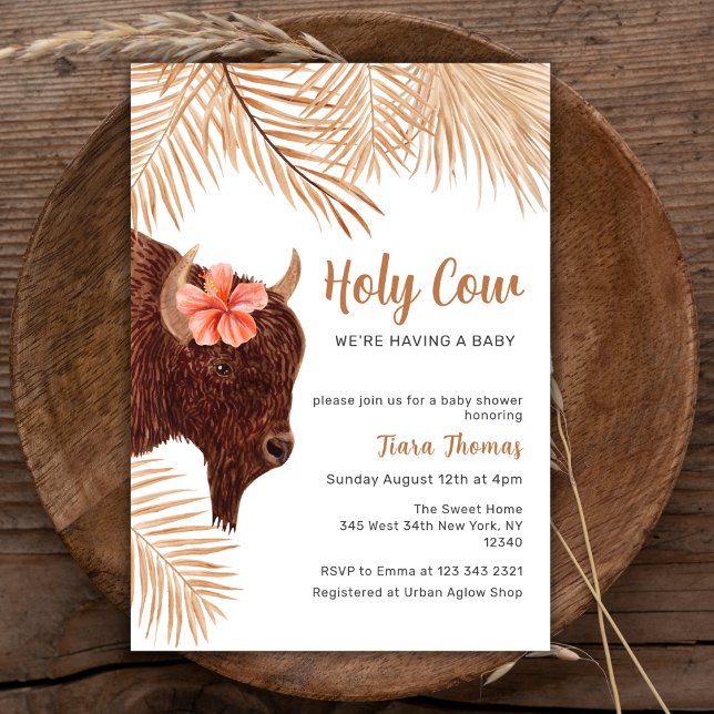 Boho Floral Heilige Kuh Hochland Kuh Baby Dusche Einladung (Boho Floral Holy Cow Highland Cow Baby Shower Invitation)