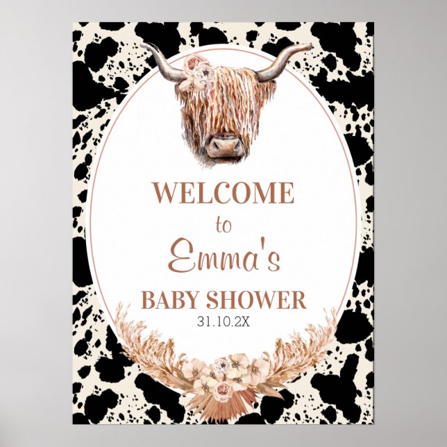 Boho Floral Highland Kuh Baby Dusche Begrüßungszei Poster (Vorne)