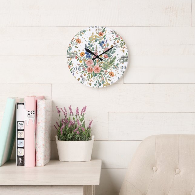 Boho-Floral-Himmelsmond & Schlangen Botanik Große Wanduhr (Lesesaal)