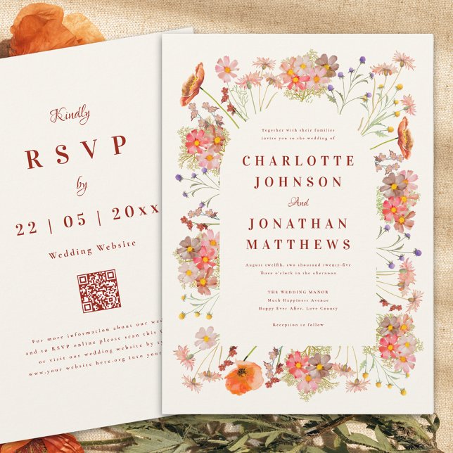 Boho Floral Hochzeit im Herbst Einladung (Boho dried flowers rustic fall wedding invitation burnt orange script wedding website qr code)