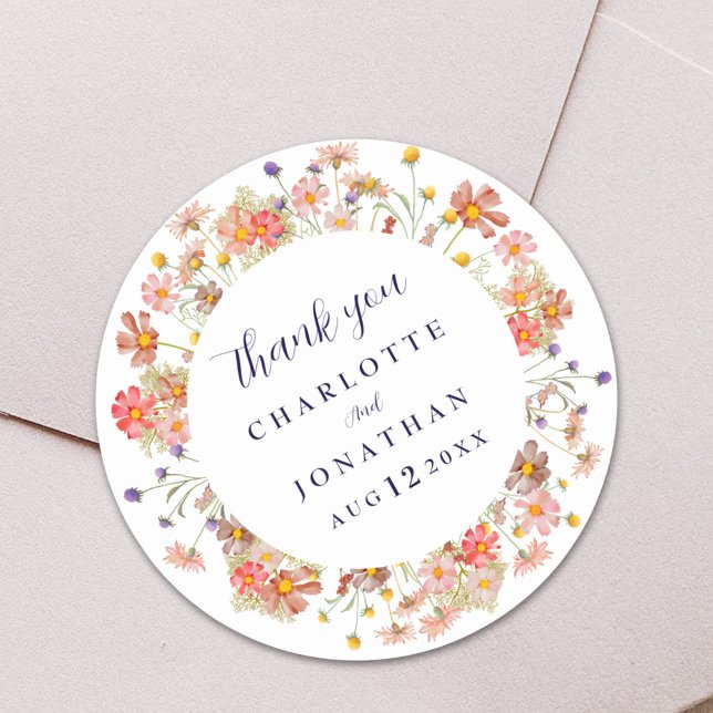 Boho Floral Hochzeit im Herbst Vielen Dank Runder Aufkleber (Boho fall wildflower floral navy blue script personalized wedding thank you favor sticker)