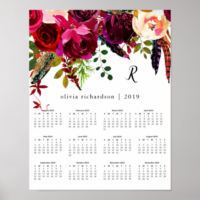 Boho Floral | Kalender 2019 mit Monogramm Poster (Vorne)