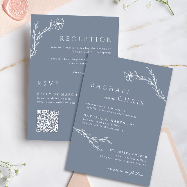 Boho Floral Kontur Dusty Blue All in one QR Code Einladung (Von Creator hochgeladen)