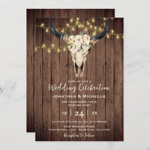 Boho Floral Kuh Skull and Lights on Wood Wedding Einladung