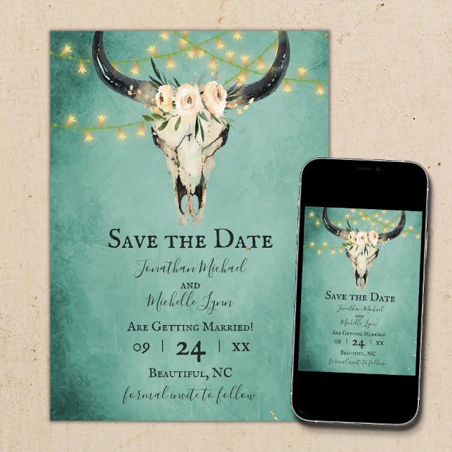 Boho Floral Kuh Skull and Lights Türkis Hochzeit Save The Date (Von Creator hochgeladen)