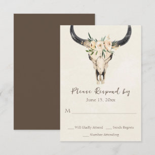 Boho Floral Kuh Skull Brown and Cream Wedding RSVP Karte