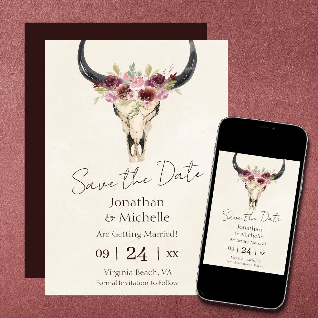 Boho Floral Kuh Skull Burgundy und Cream Wedding Save The Date (Von Creator hochgeladen)
