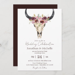 Boho Floral Kuh Skull Burgundy und White Wedding Einladung