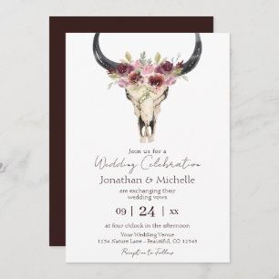 Boho Floral Kuh Skull Burgundy und White Wedding Einladung