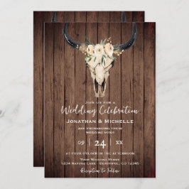 Boho Floral Kuh Skull on Wood All in One Wedding Einladung