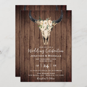 Boho Floral Kuh Skull on Wood All in One Wedding Einladung